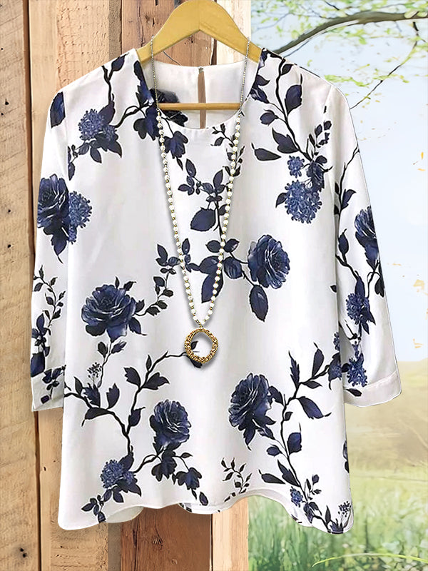 Classic Blue Floral Print Casual Blouse