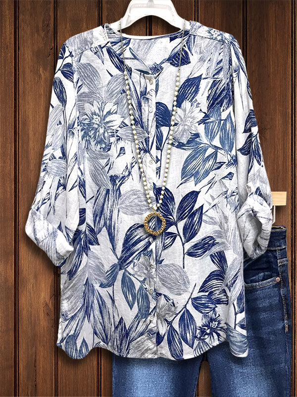 Classic Blue And White Floral Casual Blouse