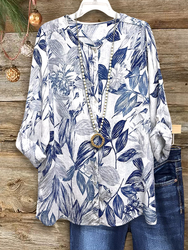 Classic Blue And White Floral Casual Blouse