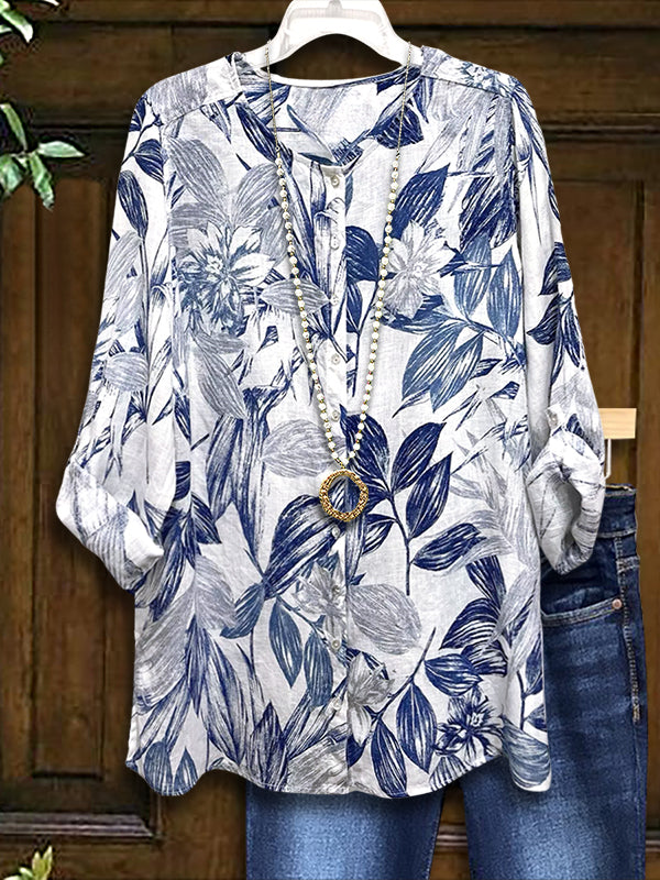 Classic Blue And White Floral Casual Blouse