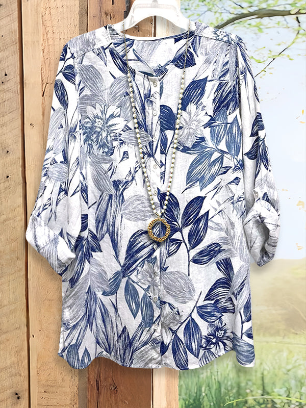 Classic Blue And White Floral Casual Blouse