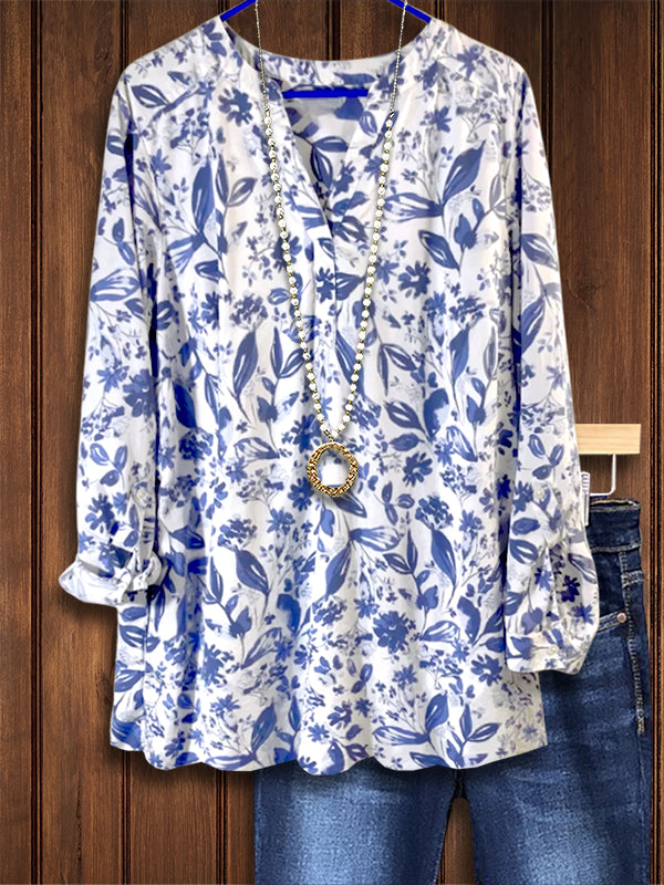 Fresh Blue Flower Print Casual Blouse