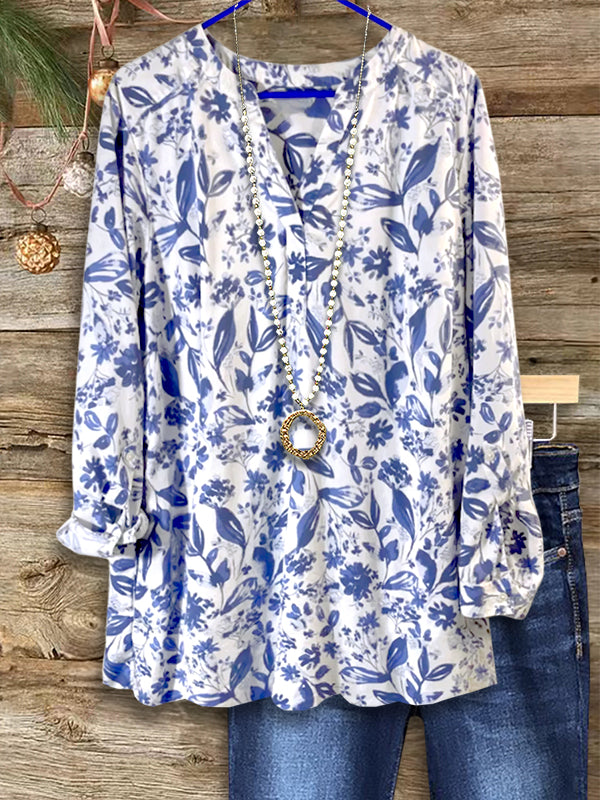 Fresh Blue Flower Print Casual Blouse