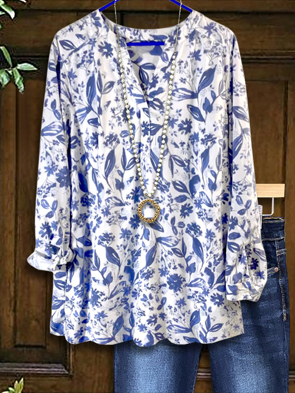 Fresh Blue Flower Print Casual Blouse