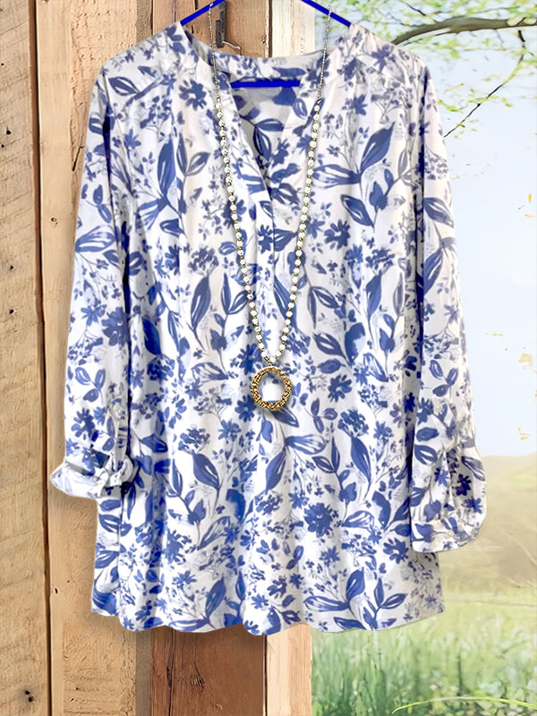 Fresh Blue Flower Print Casual Blouse