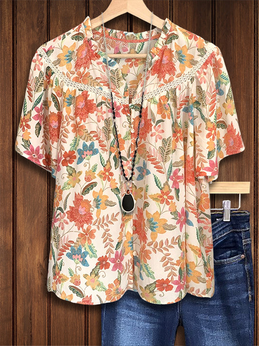 Colorful Floral Print Lotus Leaf Sleeve Blouse