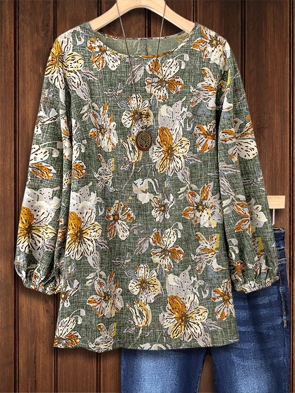 Retro Floral Print Lantern Sleeve Blouse