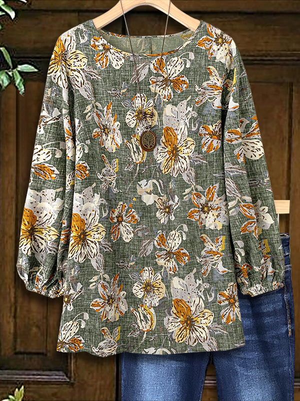 Retro Floral Print Lantern Sleeve Blouse