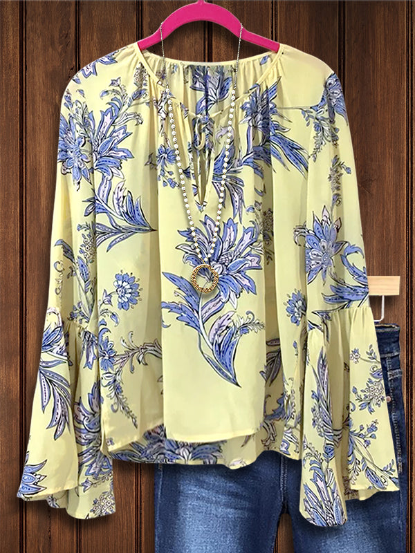 Artistic Floral Print Ruffle Blouse