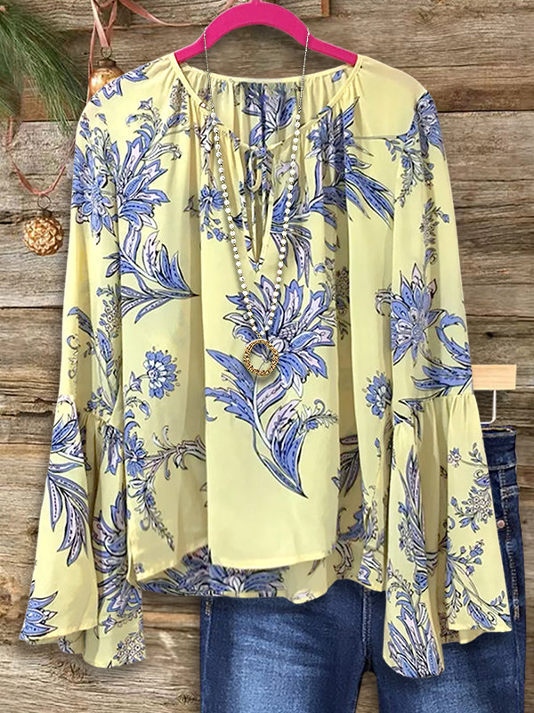 Artistic Floral Print Ruffle Blouse