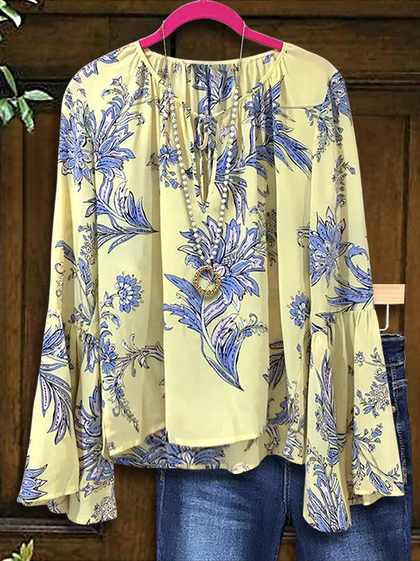 Artistic Floral Print Ruffle Blouse