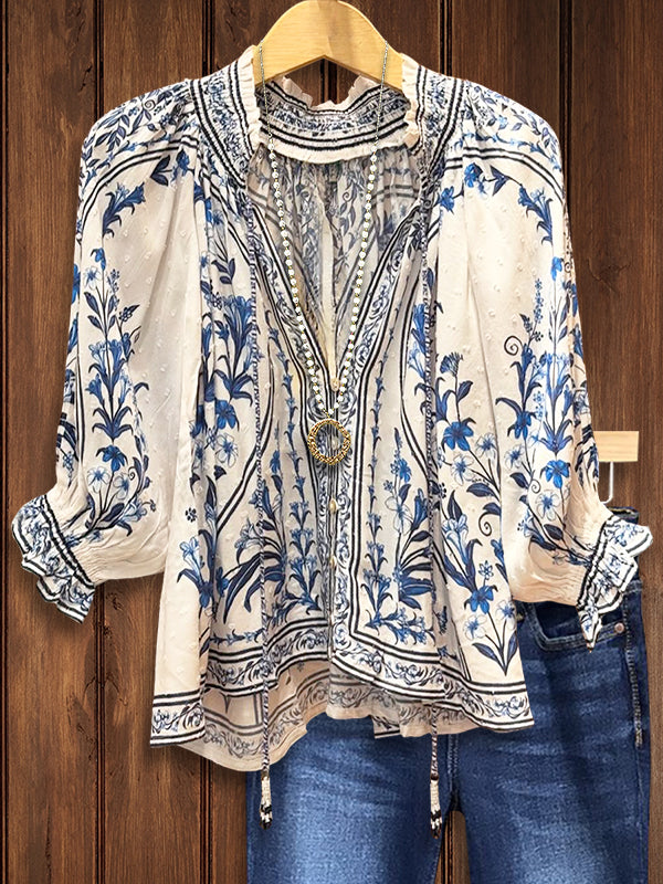 Retro Blue Flower Ruffled Casual Blouse