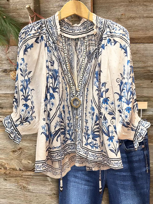Retro Blue Flower Ruffled Casual Blouse