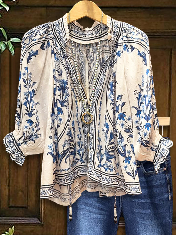 Retro Blue Flower Ruffled Casual Blouse