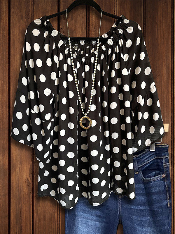 Black And White Polka Dot Print Casual Blouse