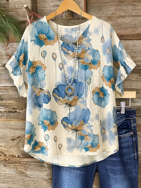 Blue Meadow Floral Linen Tee