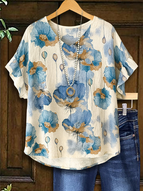 Blue Meadow Floral Linen Tee