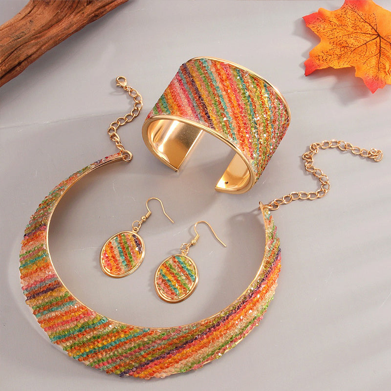 Fashionable Rhinestone Leopard Color Strip Necklace Set