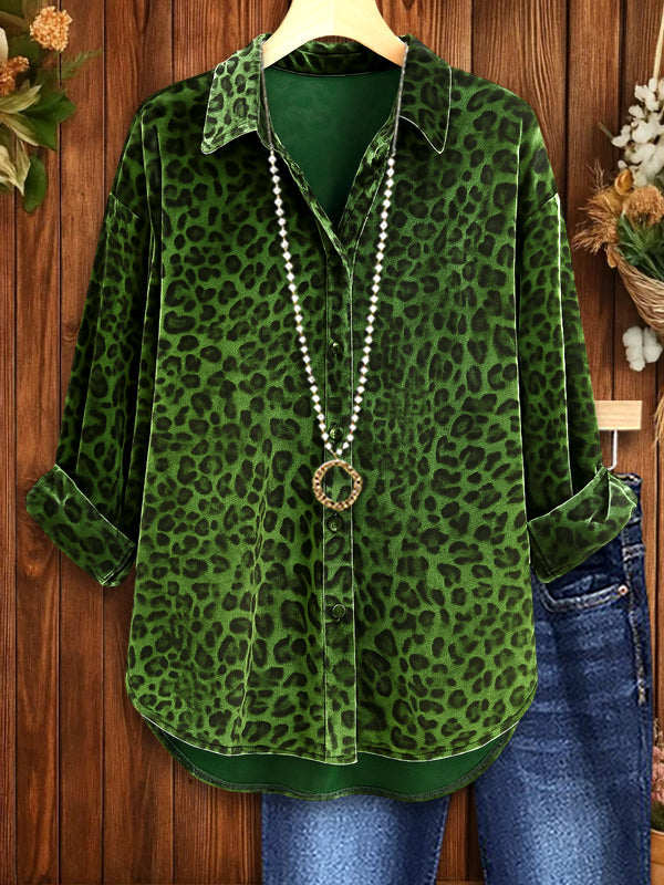 Forest Chic Green Leopard Velvet Blouse