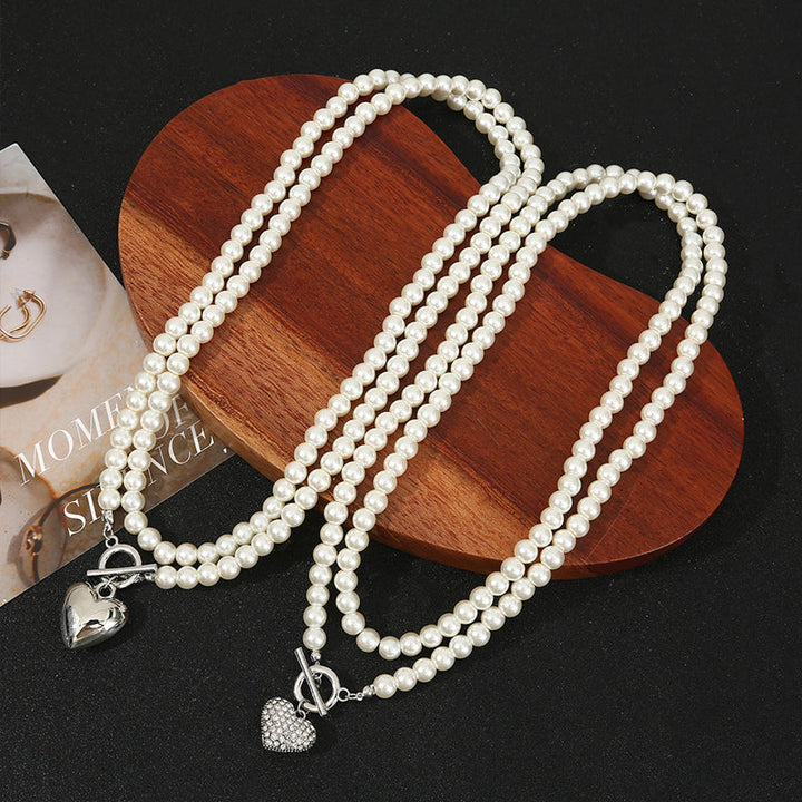 Classic Double-Strand Pearl Heart Necklace