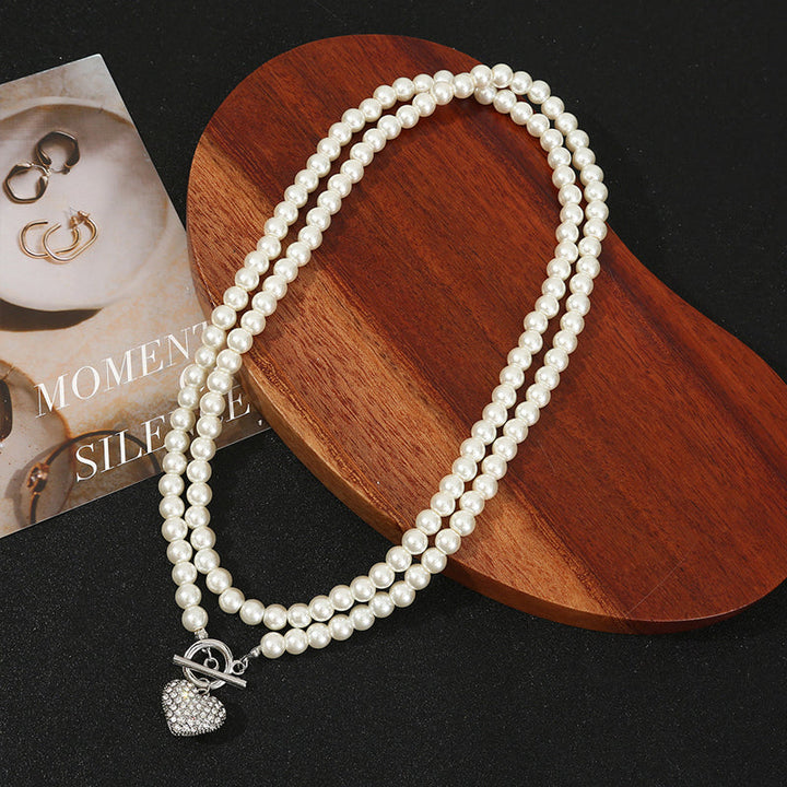 Classic Double-Strand Pearl Heart Necklace
