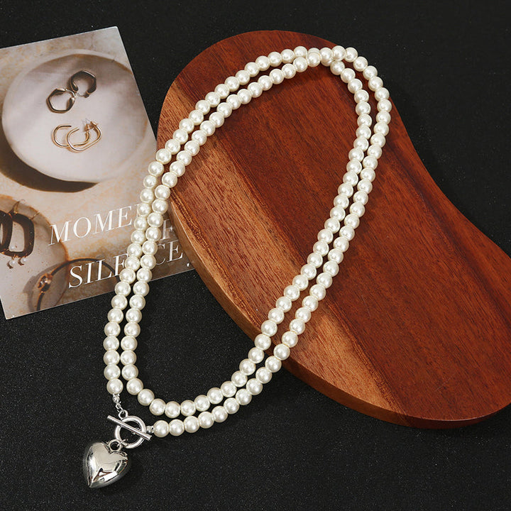Classic Double-Strand Pearl Heart Necklace