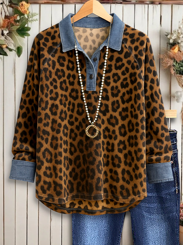 Leopard Print Denim Patchwork Top