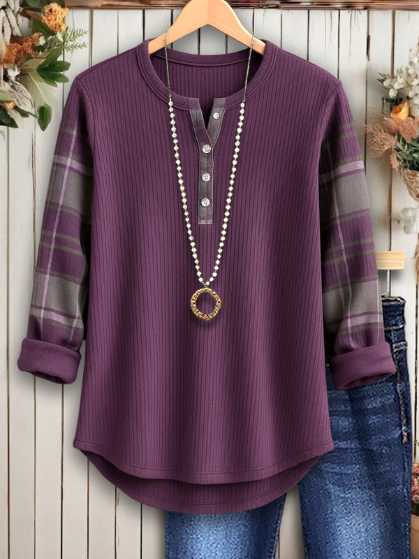 Plum Plaid Sleeve Henley Blouse