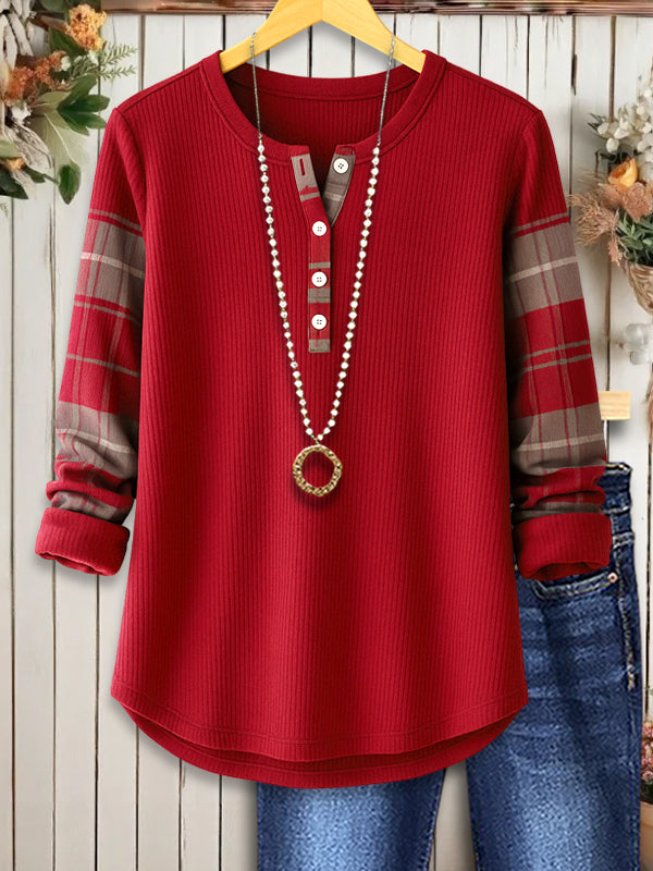Plum Plaid Sleeve Henley Blouse