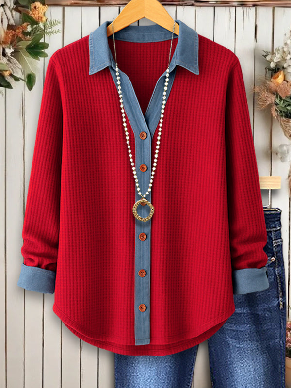 Red & Denim Contrast Button Blouse