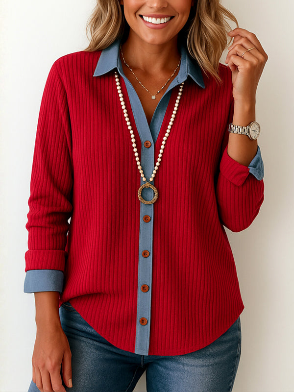 Red & Denim Contrast Button Blouse