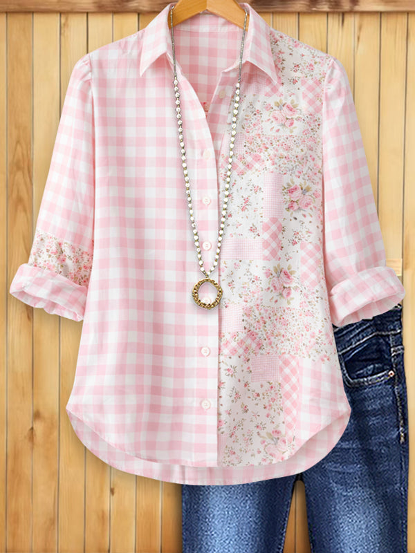 Pink Patchwork Gingham Casual Blouse