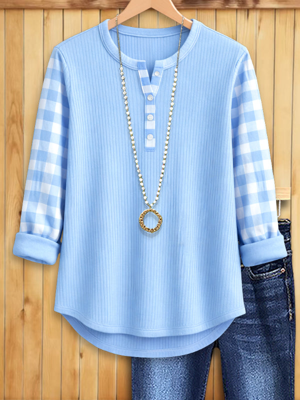 Cozy Ribbed Henley Plaid Sleeve Top