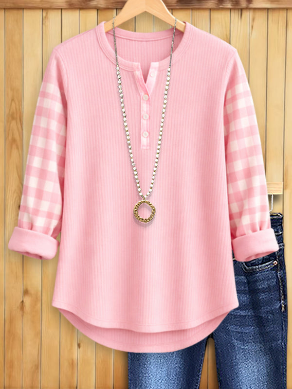 Cozy Ribbed Henley Plaid Sleeve Top