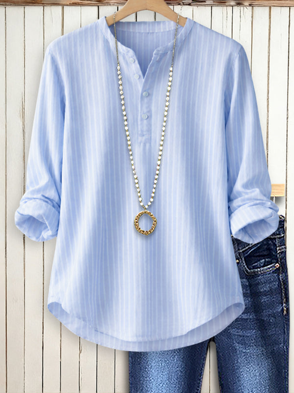 Pink Pinstripe Split-Neck Top