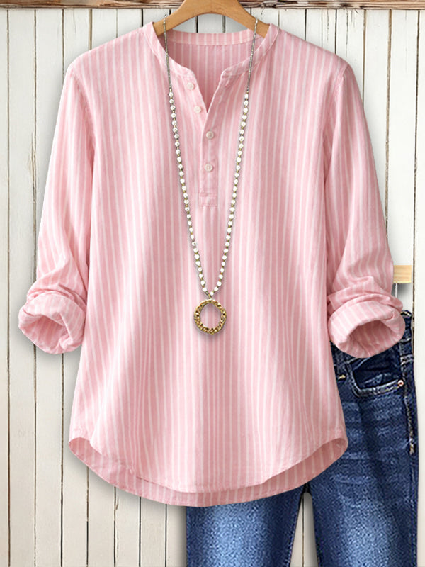 Pink Pinstripe Split-Neck Top