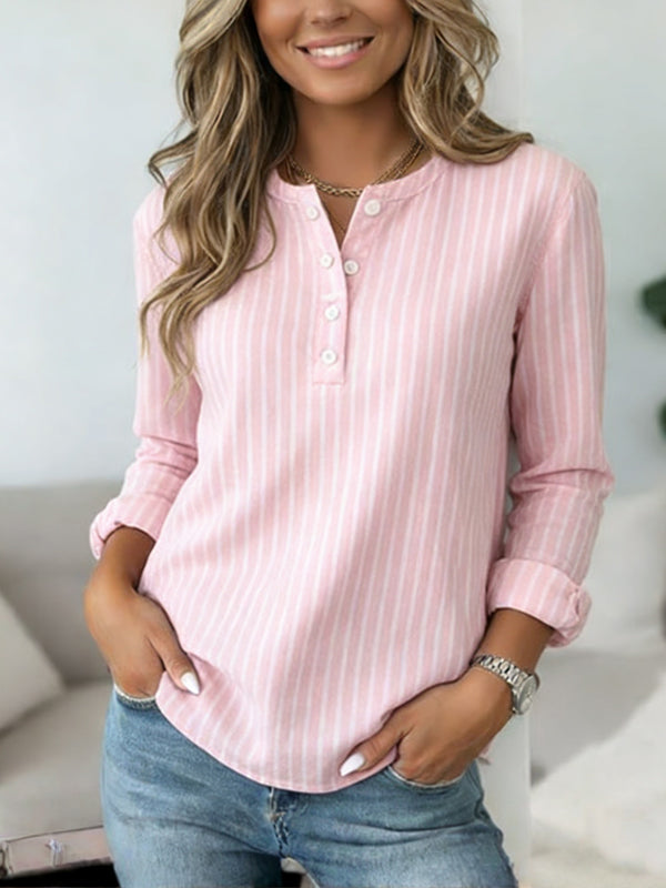 Pink Pinstripe Split-Neck Top