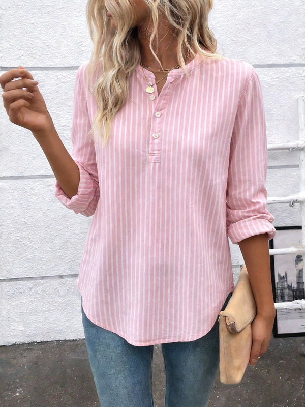 Pink Pinstripe Split-Neck Top