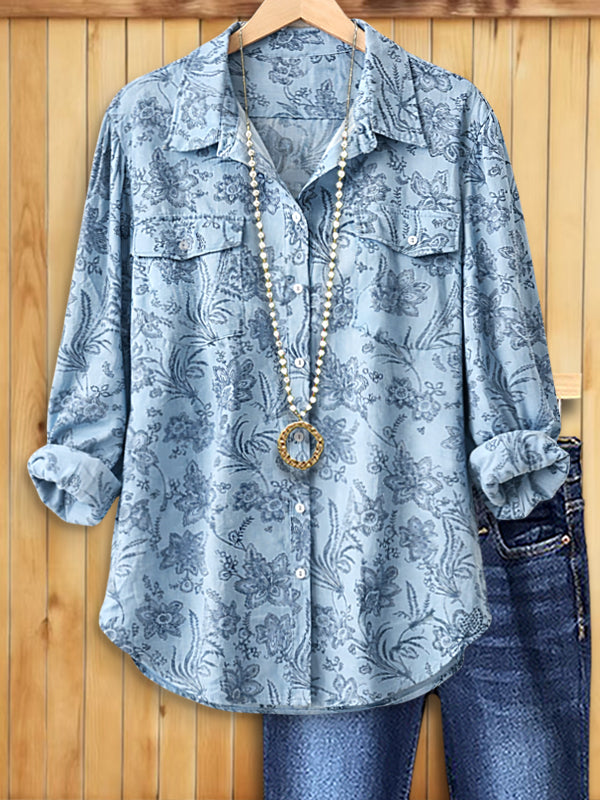 Dusty Blue Floral Button-Up Shirt Top