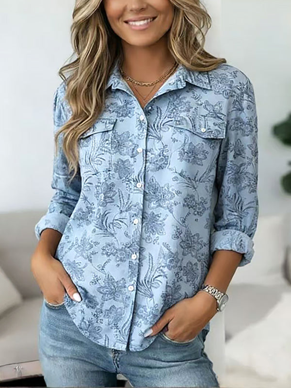 Dusty Blue Floral Button-Up Shirt Top
