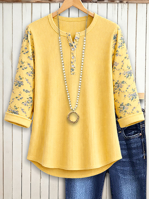 Sunshine Ribbed Floral Sleeve Split-Neck Top