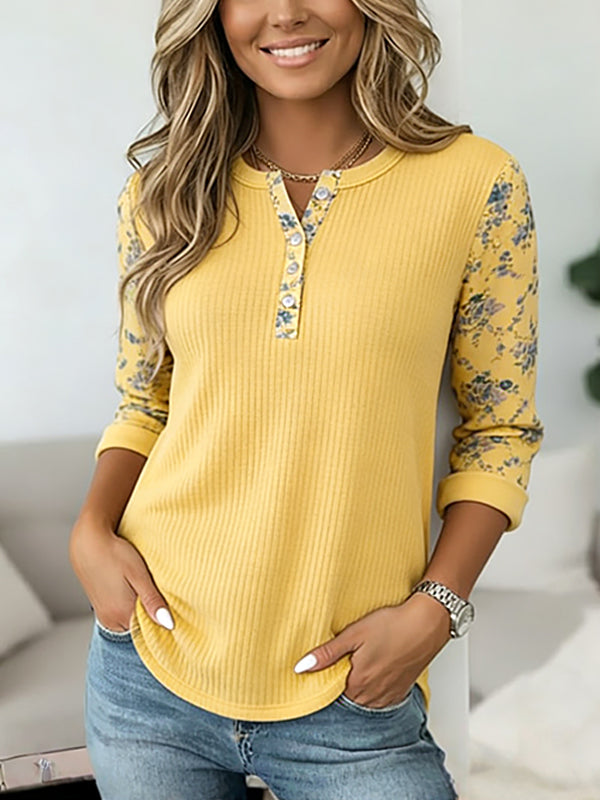 Sunshine Ribbed Floral Sleeve Split-Neck Top
