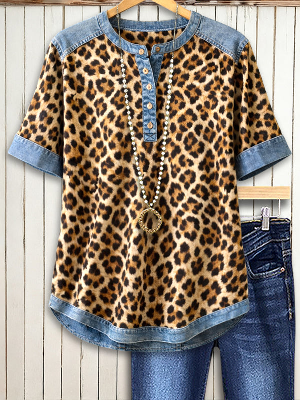 Wild Spirit Leopard Henley Short Sleeve Top