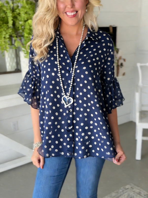 Navy Dot Flutter Sleeve Blouse