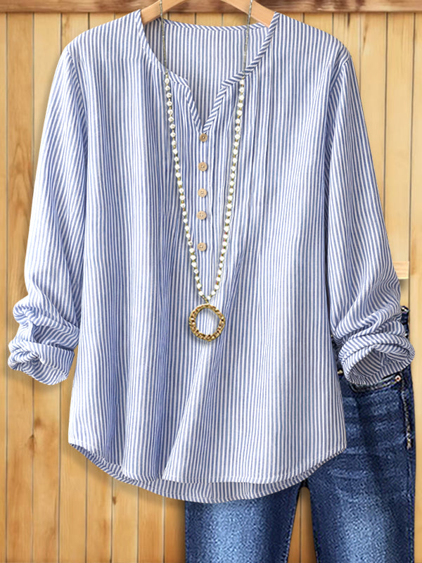 Blue Stripe V-Neck Henley Top