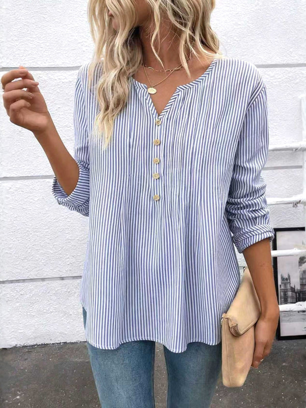 Blue Stripe V-Neck Henley Top