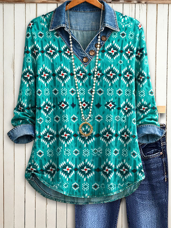 Denim-Trim Geo Print Pullover Top