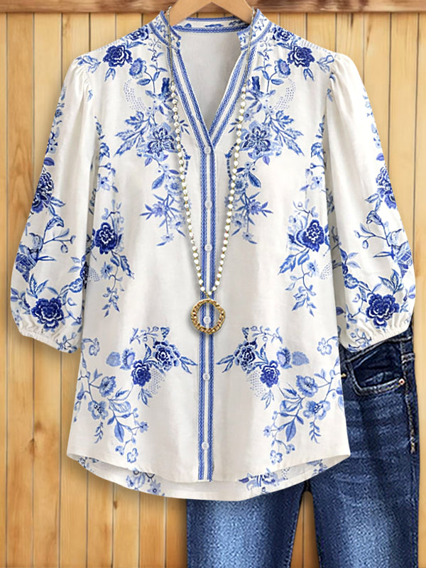 Blue Bloom V-Neck Puff Sleeve Blouse