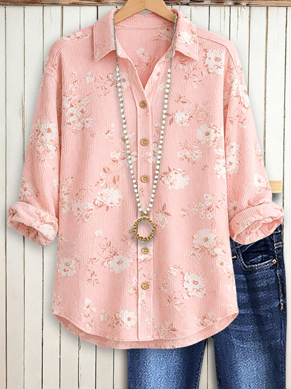 Blush Pink Floral Roll-Sleeve Button Shirt