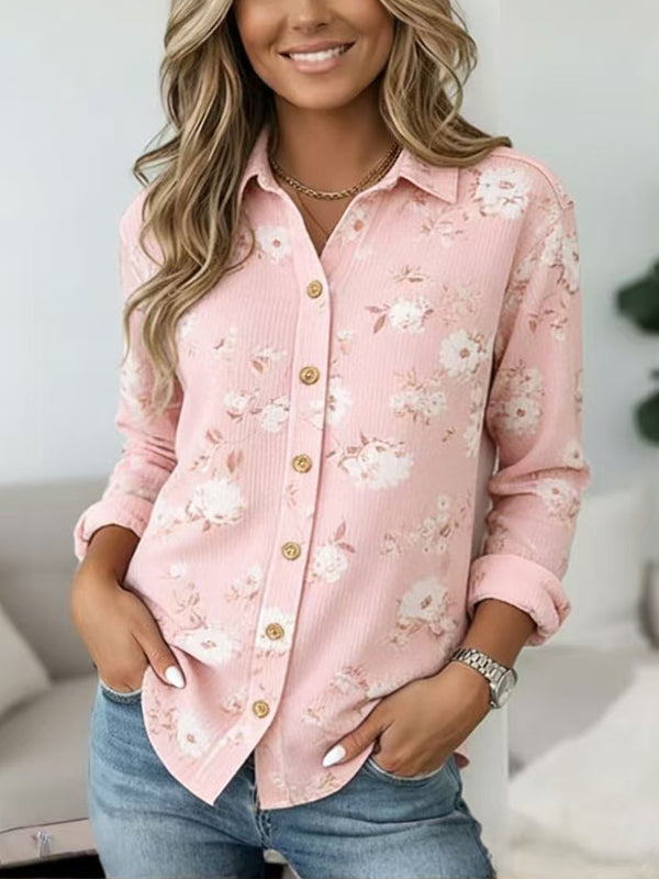 Blush Pink Floral Roll-Sleeve Button Shirt
